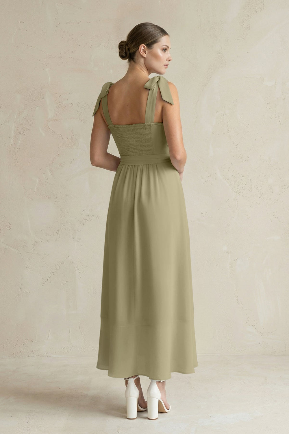 Square Neck A - Line Chiffon Midi Bridesmaid Dress with Bow in Thyme - KISS BRIDAL Bridesmaid Dresses