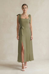 Square Neck A-Line Chiffon Midi Bridesmaid Dress with Bow in Thyme | KISSBRIDAL