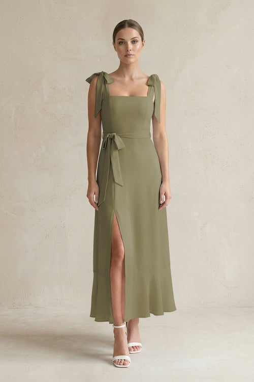 Square Neck A-Line Chiffon Midi Bridesmaid Dress with Bow in Thyme | KISSBRIDAL