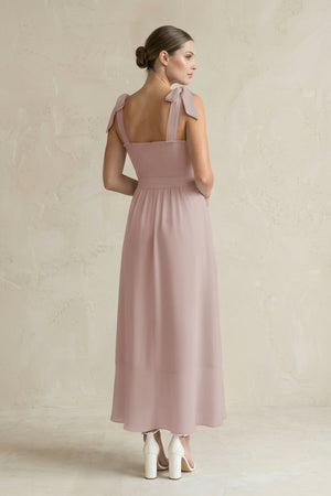 Square Neck A-Line Chiffon Midi Bridesmaid Dress with Bow in Toffee (2) | KISSBRIDAL
