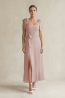 Square Neck A - Line Chiffon Midi Bridesmaid Dress with Bow in Toffee - SHE IS ME Bridesmaid Dresses