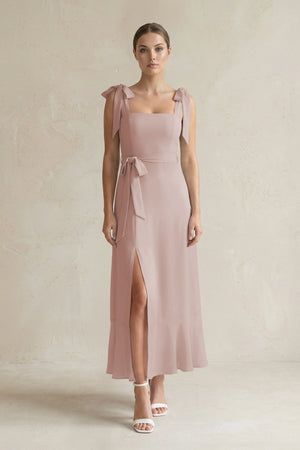 Square Neck A - Line Chiffon Midi Bridesmaid Dress with Bow in Toffee - SHE IS ME Bridesmaid Dresses