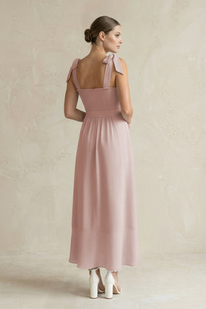 Square Neck A - Line Chiffon Midi Bridesmaid Dress with Bow in Toffee - SHE IS ME Bridesmaid Dresses
