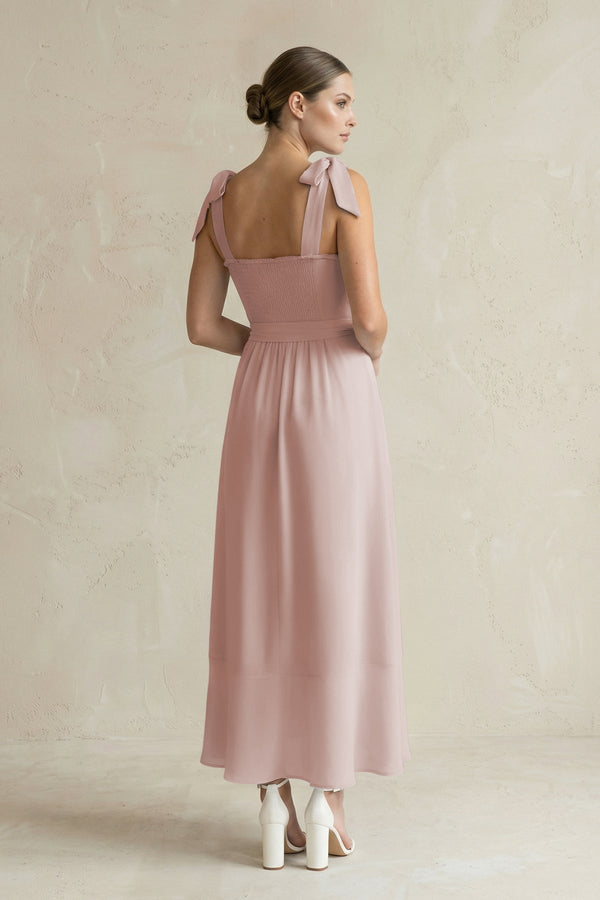 Square Neck A - Line Chiffon Midi Bridesmaid Dress with Bow in Toffee - SHE IS ME Bridesmaid Dresses