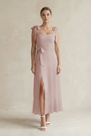 Square Neck A-Line Chiffon Midi Bridesmaid Dress with Bow in Toffee | KISSBRIDAL