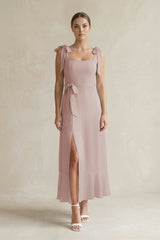 Square Neck A-Line Chiffon Midi Bridesmaid Dress with Bow in Toffee | KISSBRIDAL
