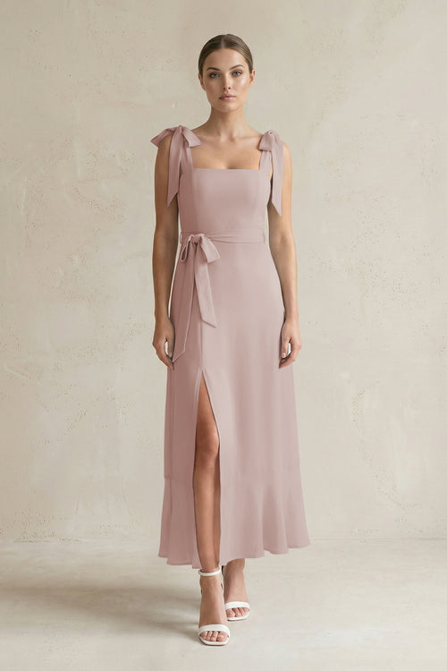 Square Neck A-Line Chiffon Midi Bridesmaid Dress with Bow in Toffee | KISSBRIDAL