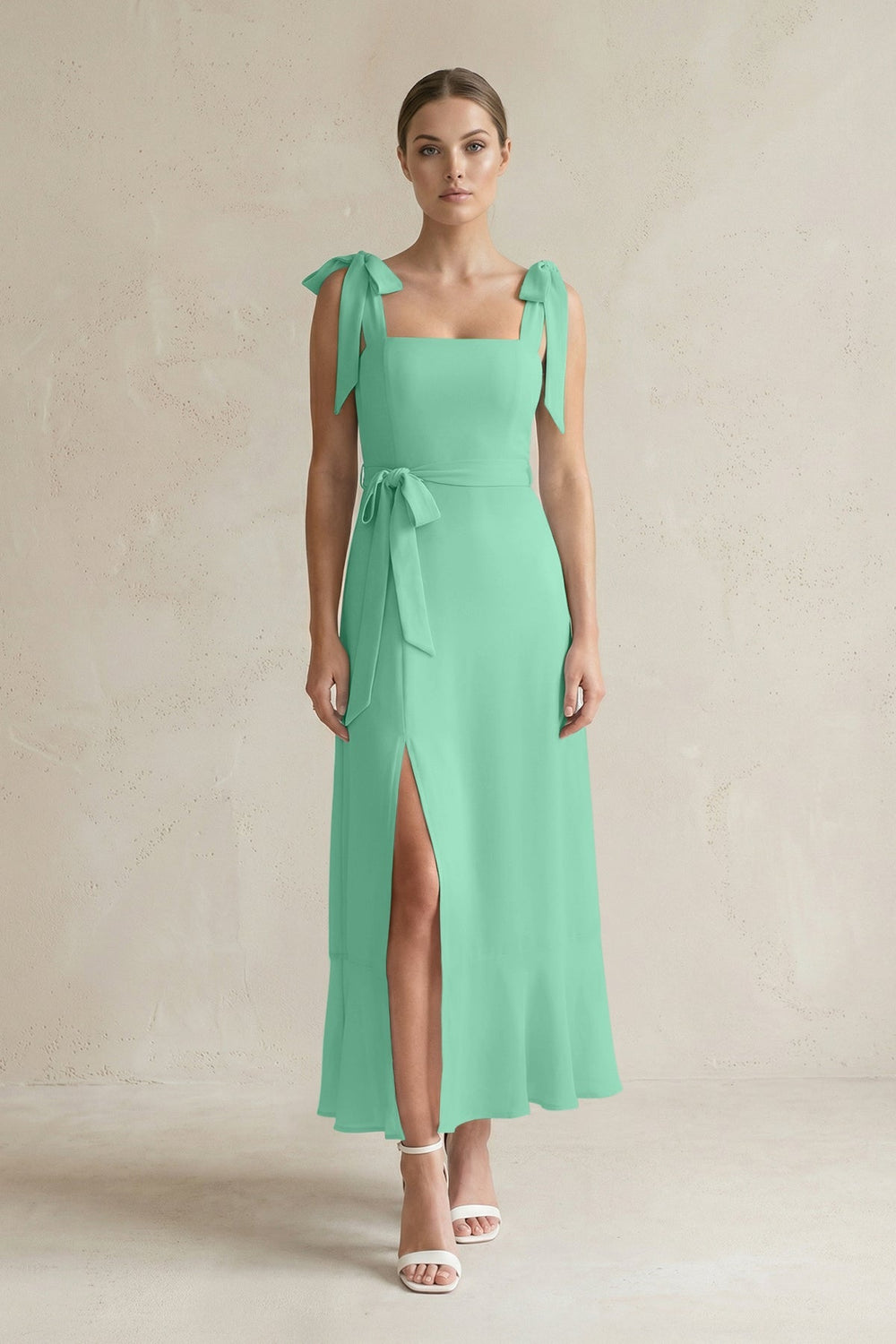 Square Neck A - Line Chiffon Midi Bridesmaid Dress with Bow in Turquoise - SHE IS ME Bridesmaid Dresses