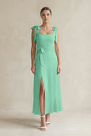 Square Neck A - Line Chiffon Midi Bridesmaid Dress with Bow in Turquoise - SHE IS ME Bridesmaid Dresses