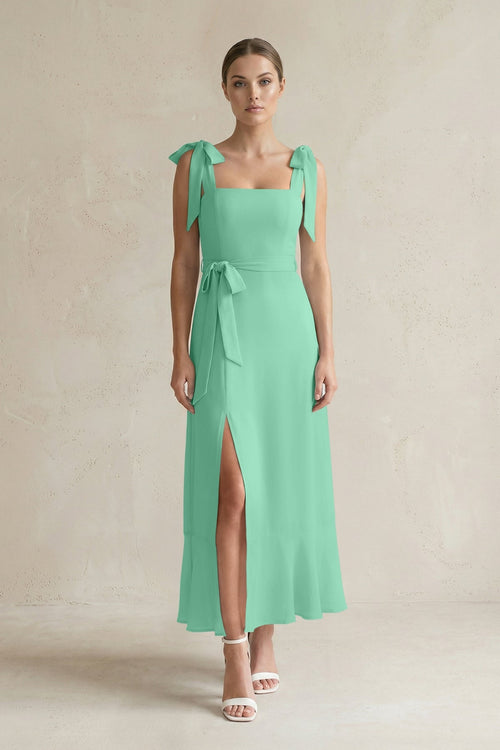 Square Neck A - Line Chiffon Midi Bridesmaid Dress with Bow in Turquoise - SHE IS ME Bridesmaid Dresses
