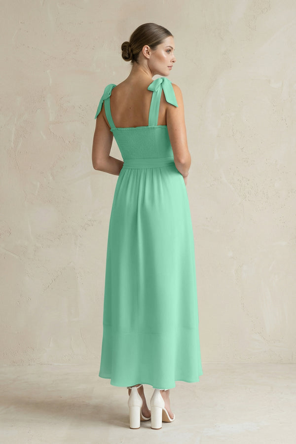 Square Neck A - Line Chiffon Midi Bridesmaid Dress with Bow in Turquoise - SHE IS ME Bridesmaid Dresses