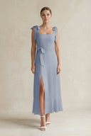 Square Neck A - Line Chiffon Midi Bridesmaid Dress with Bow in Twilight - SHE IS ME Bridesmaid Dresses