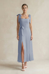 Square Neck A - Line Chiffon Midi Bridesmaid Dress with Bow in Twilight - KISS BRIDAL Bridesmaid Dresses