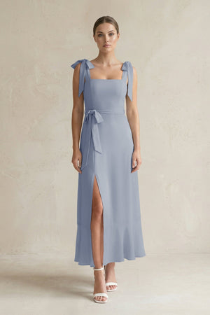 Square Neck A - Line Chiffon Midi Bridesmaid Dress with Bow in Twilight - SHE IS ME Bridesmaid Dresses