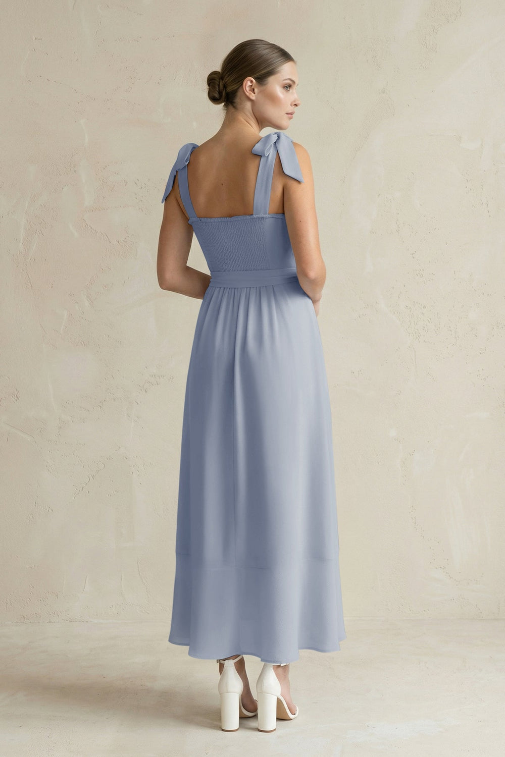 Square Neck A - Line Chiffon Midi Bridesmaid Dress with Bow in Twilight - SHE IS ME Bridesmaid Dresses