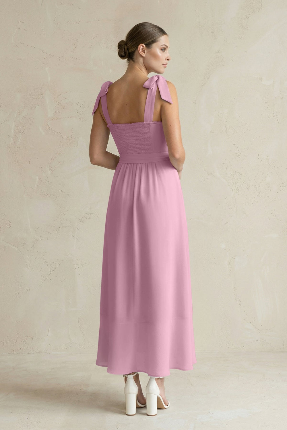 Square Neck A - Line Chiffon Midi Bridesmaid Dress with Bow in Vintage Mauve - SHE IS ME Bridesmaid Dresses