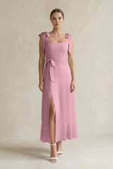 Square Neck A-Line Chiffon Midi Bridesmaid Dress with Bow in Vintage Mauve | KISSBRIDAL