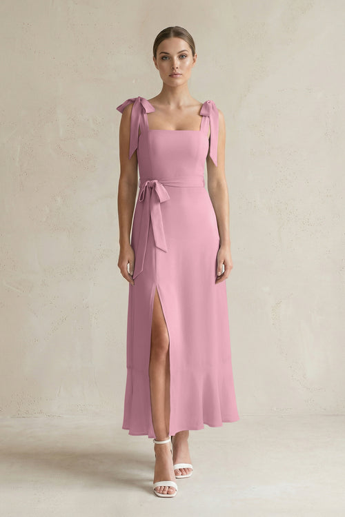 Square Neck A-Line Chiffon Midi Bridesmaid Dress with Bow in Vintage Mauve | KISSBRIDAL