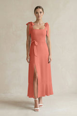 Square Neck A - Line Chiffon Midi Bridesmaid Dress with Bow in Wild Rose - KISS BRIDAL Bridesmaid Dresses