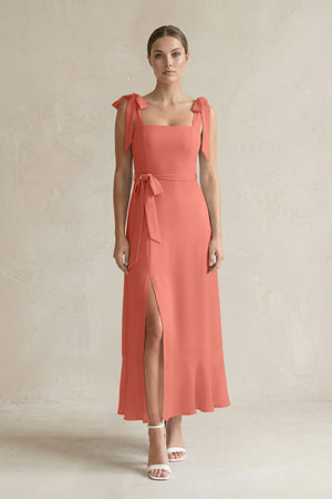 Square Neck A - Line Chiffon Midi Bridesmaid Dress with Bow in Wild Rose - SHE IS ME Bridesmaid Dresses