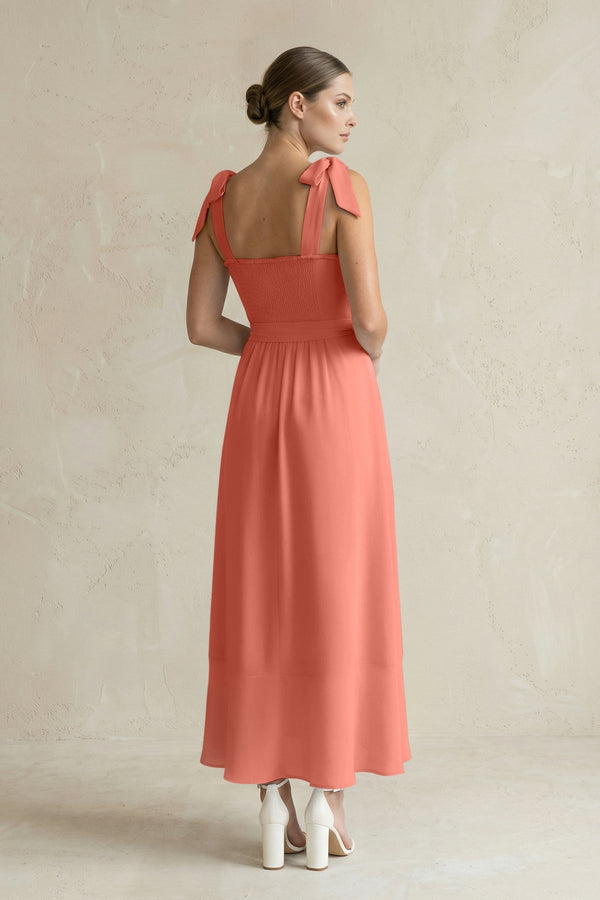 Square Neck A - Line Chiffon Midi Bridesmaid Dress with Bow in Wild Rose - SHE IS ME Bridesmaid Dresses