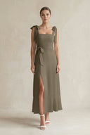 Square Neck A - Line Chiffon Midi Bridesmaid Dress with Bow in Willow Green - SHE IS ME Bridesmaid Dresses