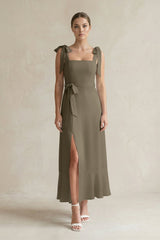 Square Neck A - Line Chiffon Midi Bridesmaid Dress with Bow in Willow Green - KISS BRIDAL Bridesmaid Dresses