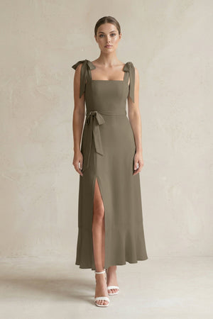 Square Neck A - Line Chiffon Midi Bridesmaid Dress with Bow in Willow Green - SHE IS ME Bridesmaid Dresses