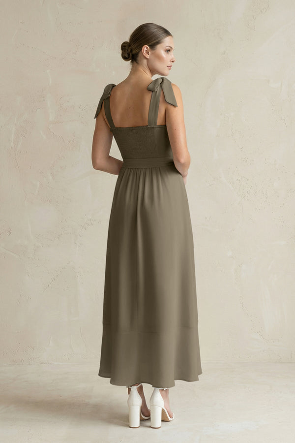 Square Neck A - Line Chiffon Midi Bridesmaid Dress with Bow in Willow Green - SHE IS ME Bridesmaid Dresses