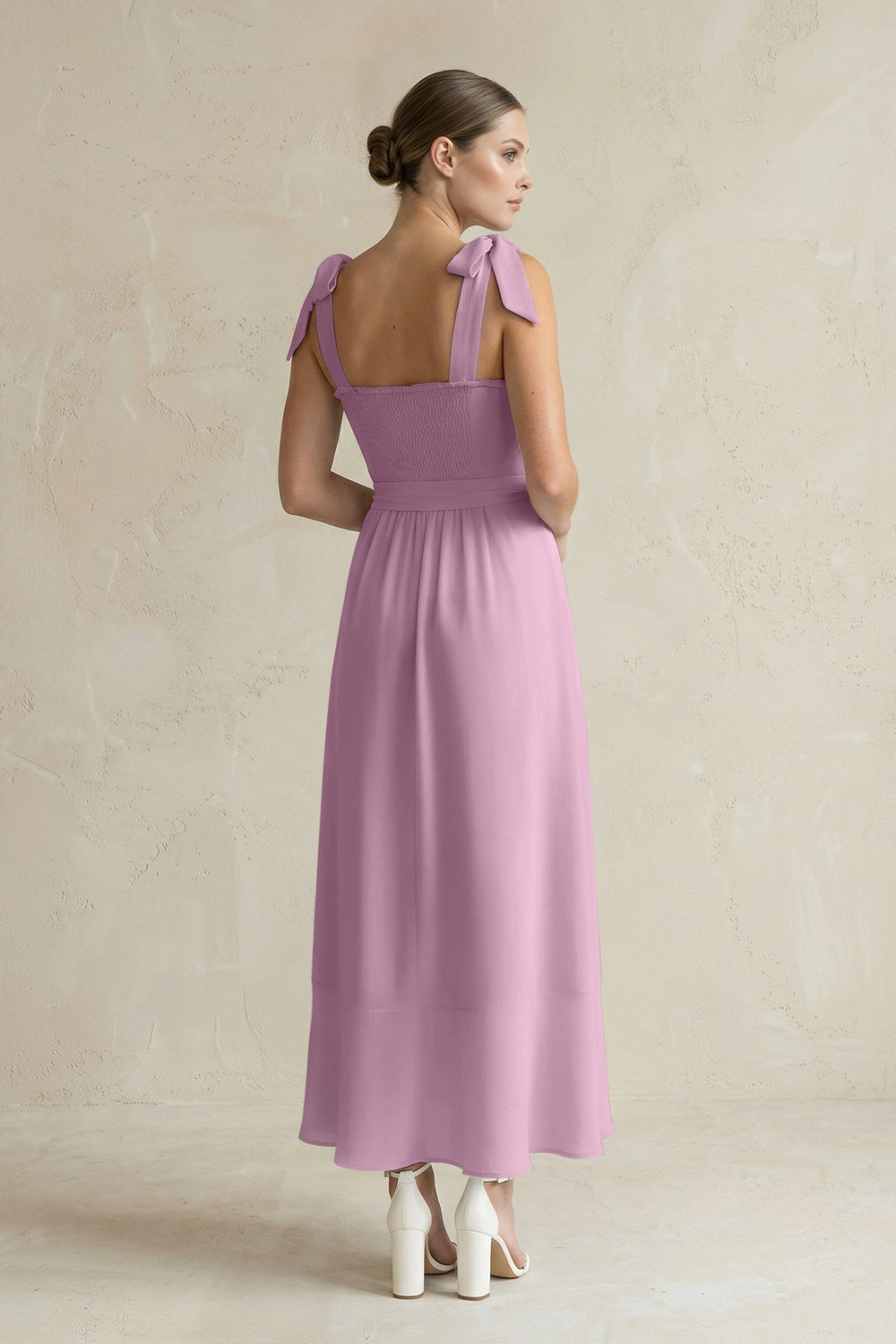 Square Neck A - Line Chiffon Midi Bridesmaid Dress with Bow in Wisteria - SHE IS ME Bridesmaid Dresses