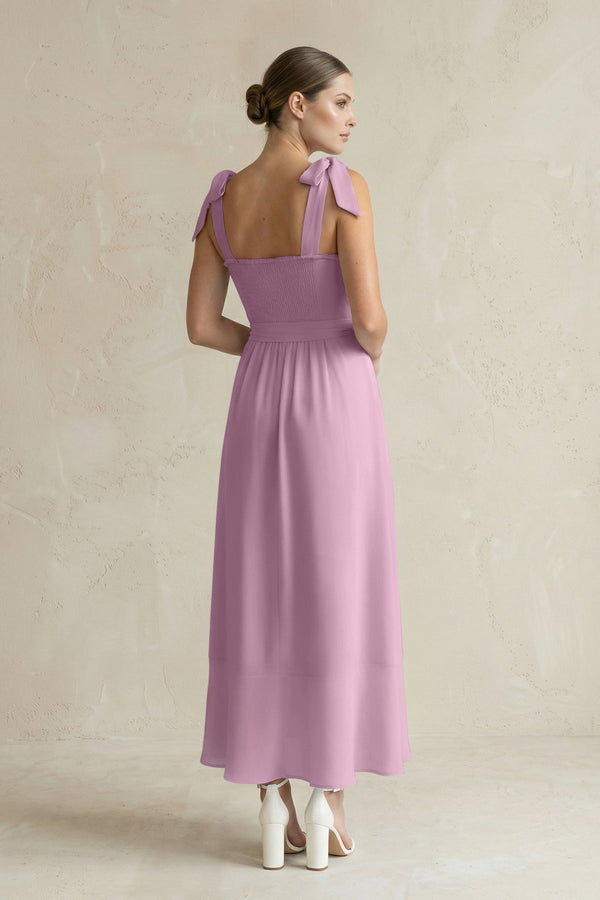 Square Neck A - Line Chiffon Midi Bridesmaid Dress with Bow in Wisteria - SHE IS ME Bridesmaid Dresses