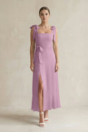 Square Neck A - Line Chiffon Midi Bridesmaid Dress with Bow in Wisteria - SHE IS ME Bridesmaid Dresses