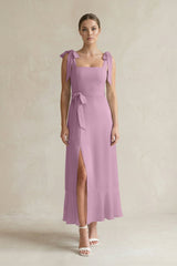 Square Neck A - Line Chiffon Midi Bridesmaid Dress with Bow in Wisteria - KISS BRIDAL Bridesmaid Dresses