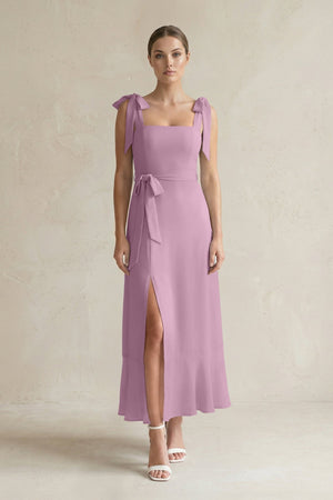 Square Neck A - Line Chiffon Midi Bridesmaid Dress with Bow in Wisteria - SHE IS ME Bridesmaid Dresses