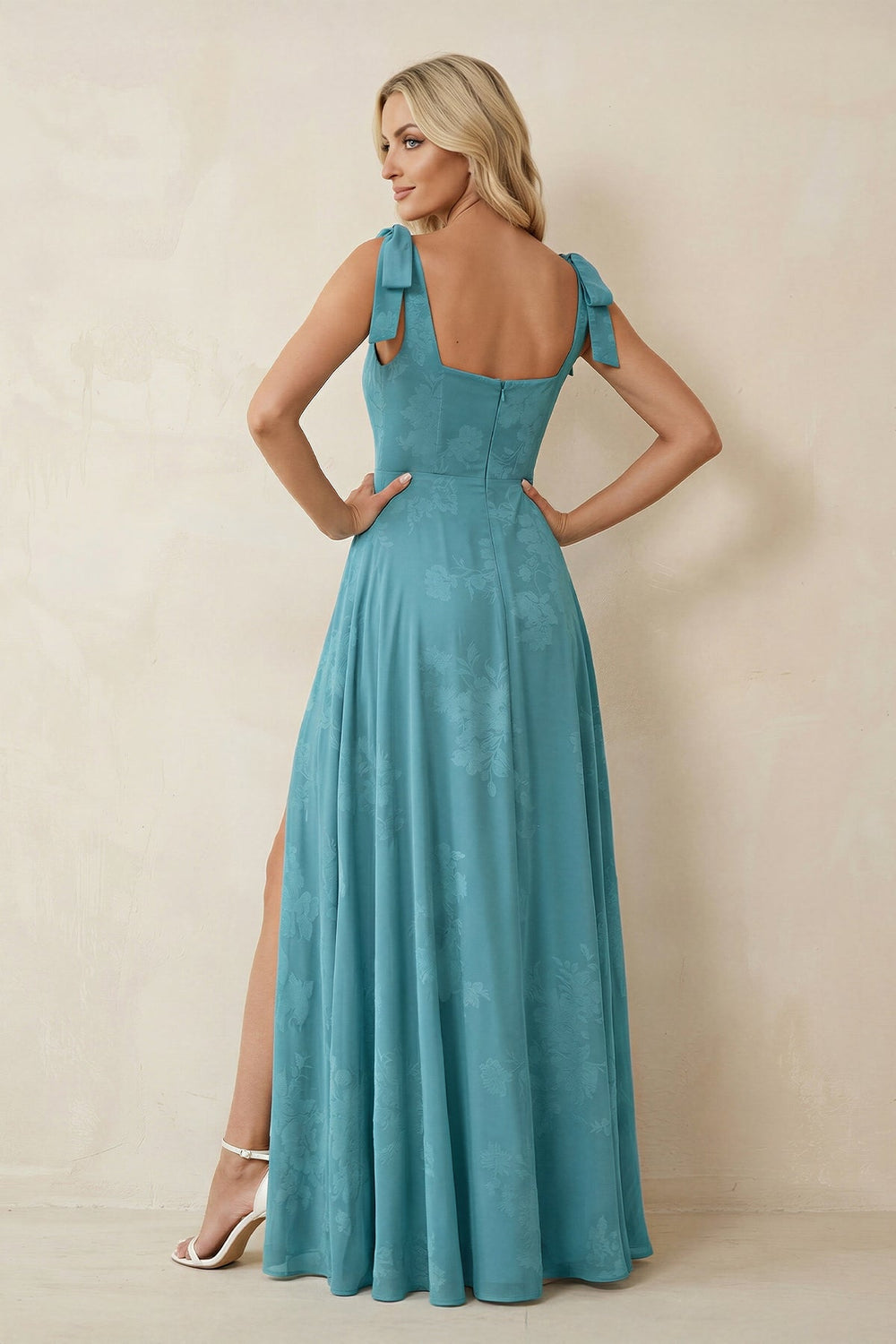 Square Neck A - Line Floral Printed Chiffon Bridesmaid Dress in Adriatic Blue - KISS BRIDAL Bridesmaid Dresses