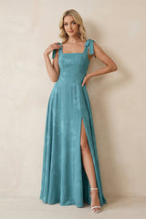 Square Neck A - Line Floral Printed Chiffon Bridesmaid Dress in Adriatic Blue - KISS BRIDAL Bridesmaid Dresses
