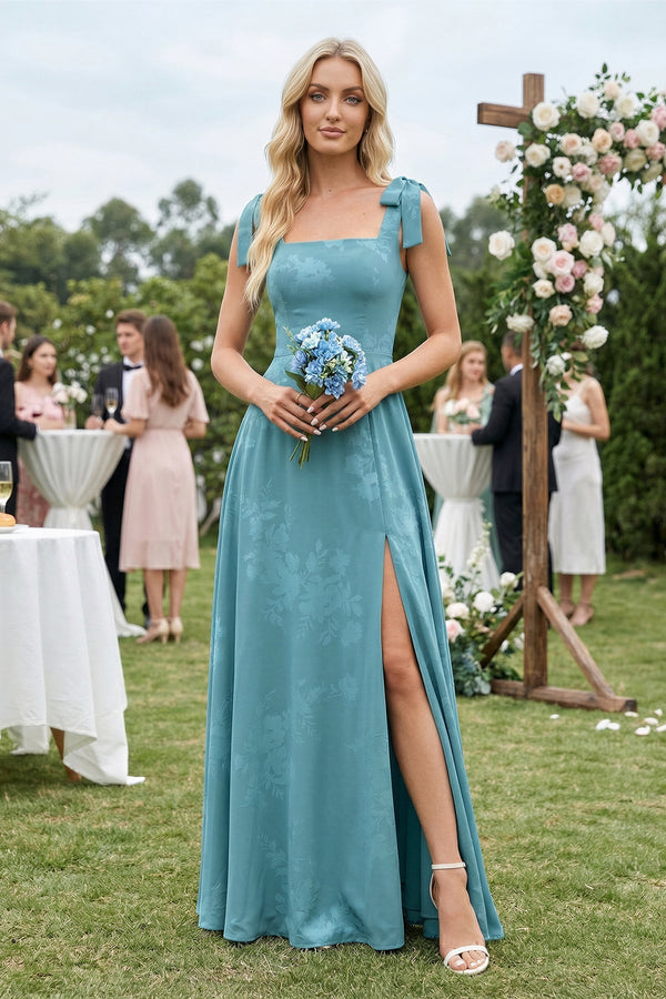 Square Neck A - Line Floral Printed Chiffon Bridesmaid Dress in Adriatic Blue - KISS BRIDAL Bridesmaid Dresses