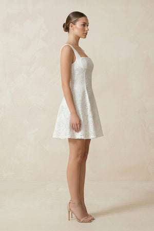 Square Neck A - Line Lace Mini Wedding Dress in White - SHE IS ME Wedding Dresses