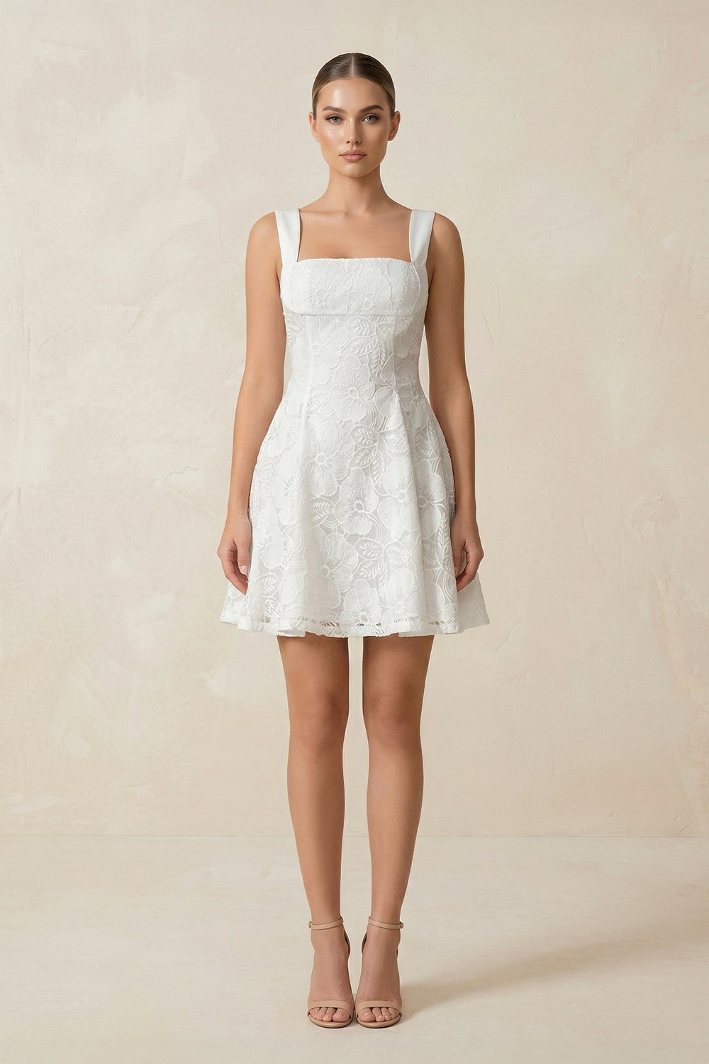 Square Neck A - Line Lace Mini Wedding Dress in White - KISS BRIDAL Wedding Dresses