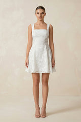 Square Neck A - Line Lace Mini Wedding Dress in White - KISS BRIDAL Wedding Dresses
