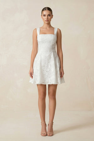Square Neck A - Line Lace Mini Wedding Dress in White - SHE IS ME Wedding Dresses