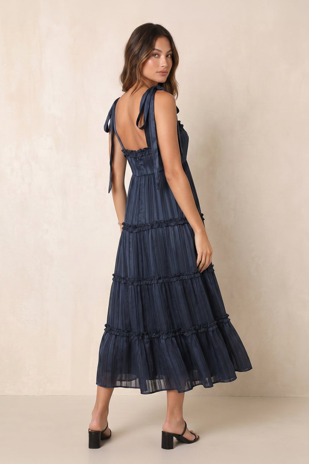 Square Neck A-Line Pleated Midi Dress in Dark Navy– KISS BRIDAL Dresses