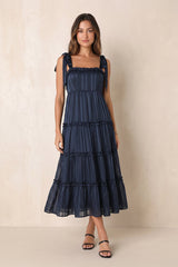 Square Neck A-Line Pleated Midi Dress in Dark Navy– KISS BRIDAL Dresses