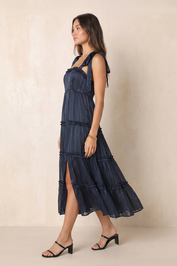 Square Neck A-Line Pleated Midi Dress in Dark Navy– SHE IS ME Dresses