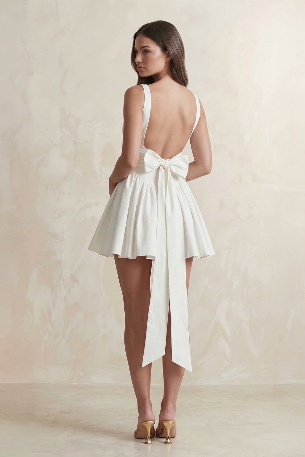 Square Neck A - Line Ruffled Mini Wedding Dress With Back Bow in Ivory - KISS BRIDAL Wedding Dresses
