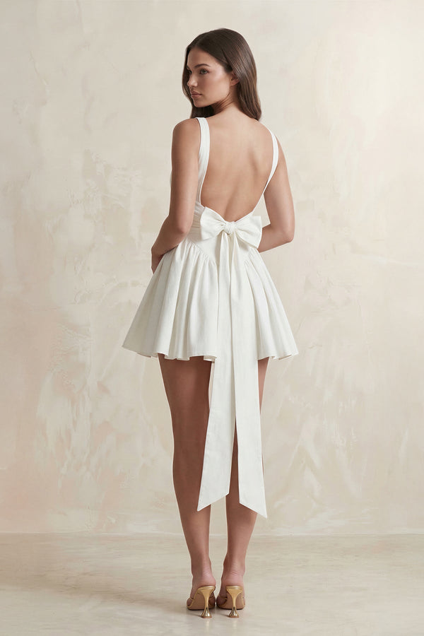 Square Neck A - Line Ruffled Mini Wedding Dress With Back Bow in Ivory - SHE IS ME Wedding Dresses