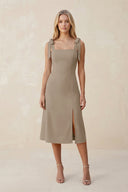 Square Neck A - Line Satin Midi Bridesmaid Dress With Bow in Almond - KISS BRIDAL Bridesmaid Dresses