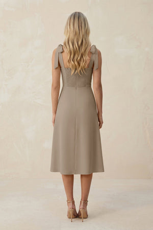 Square Neck A - Line Satin Midi Bridesmaid Dress With Bow in Almond - KISS BRIDAL Bridesmaid Dresses