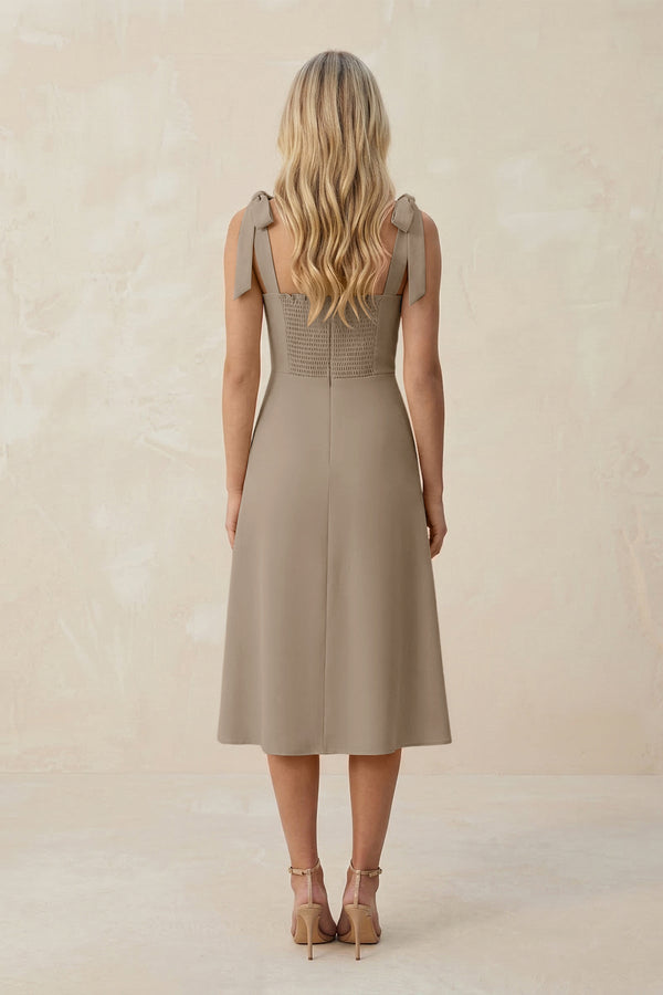 Square Neck A - Line Satin Midi Bridesmaid Dress With Bow in Almond - KISS BRIDAL Bridesmaid Dresses