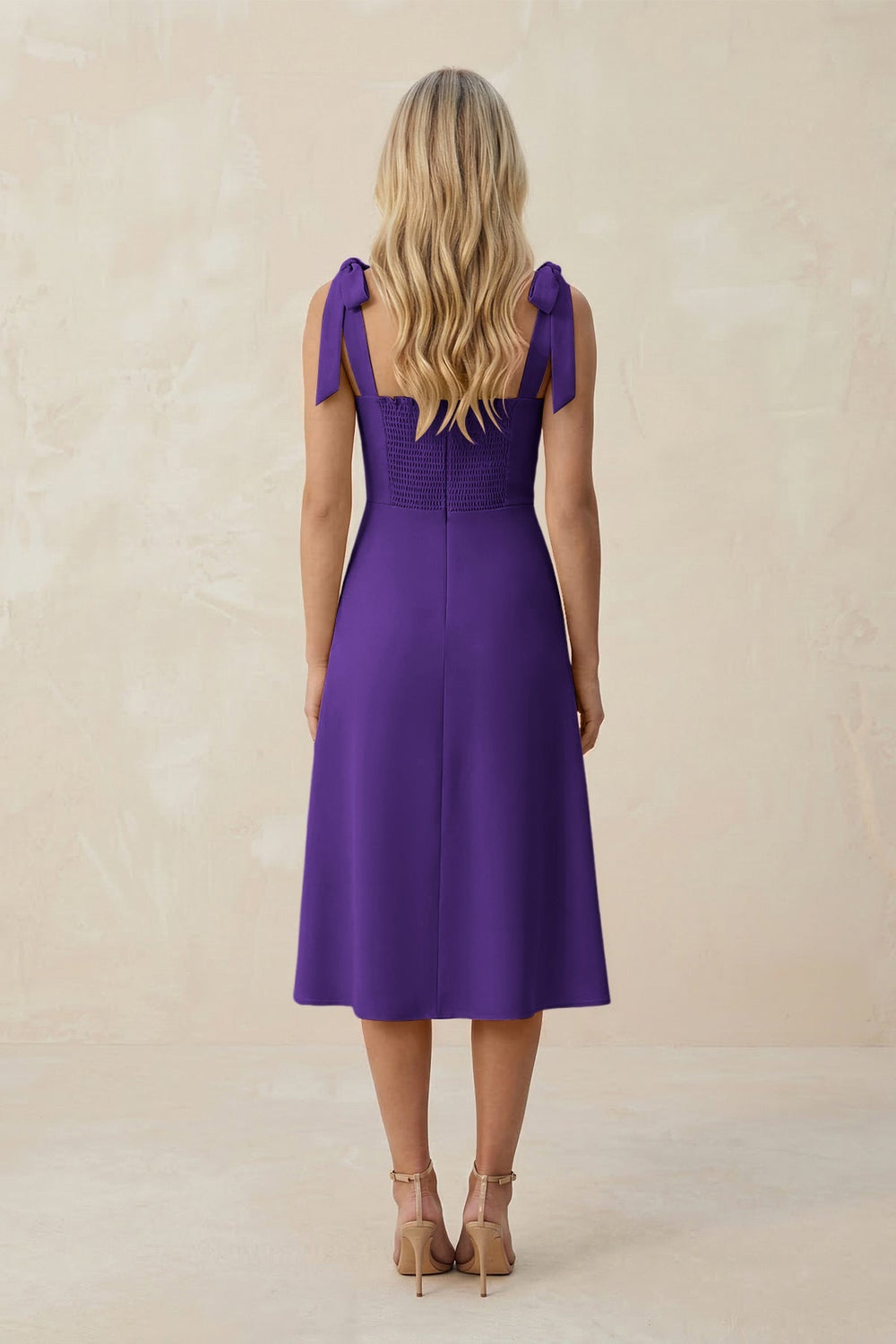 Square Neck A - Line Satin Midi Bridesmaid Dress With Bow in Amethyst - KISS BRIDAL Bridesmaid Dresses
